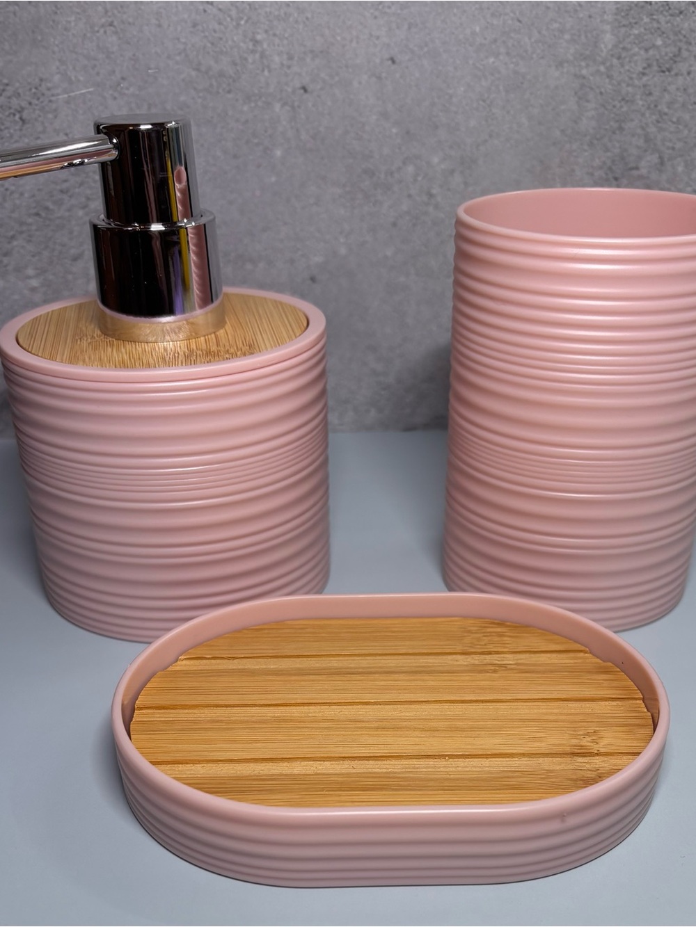 Pink Ceramic and Bamboo Bath Accessory Set - 3 Piece